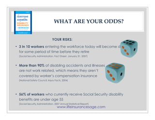 www.lifeinsurancesage.com
WHAT ARE YOUR ODDS?
• 3 in 10 workers entering the workforce today will become disabled
for some period of time before they retire
(Social Security Administration, Fact Sheet, January 31, 2007)
• More than 90% of disabling accidents and illnesses
are not work related, which means they aren’t
covered by worker’s compensation insurance
(National Safety Council, Injury Facts, 2004)
• 56% of workers who currently receive Social Security disability
benefits are under age 55
(Social Security Administration, 2007 Annual Statistical Report)
YOUR RISKS:
 