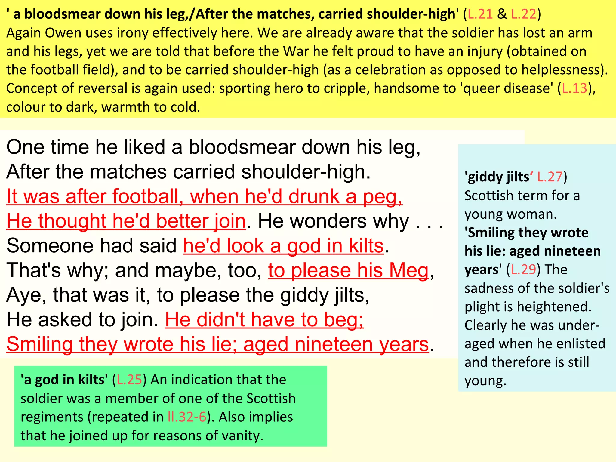 One time he liked a bloodsmear down his leg, After the matches carried shoulder-high. It was after football, when he'd drunk a peg, He thought he'd better join . He wonders why . . . Someone had said  he'd look a god in kilts .  That's why; and maybe, too,  to please his Meg , Aye, that was it, to please the giddy jilts, He asked to join.  He didn't have to beg; Smiling they wrote his lie; aged nineteen years . ' a bloodsmear down his leg,/After the matches, carried shoulder-high'  ( L.21  &  L.22 ) Again Owen uses irony effectively here. We are already aware that the soldier has lost an arm and his legs, yet we are told that before the War he felt proud to have an injury (obtained on the football field), and to be carried shoulder-high (as a celebration as opposed to helplessness). Concept of reversal is again used: sporting hero to cripple, handsome to 'queer disease' ( L.13 ), colour to dark, warmth to cold. 'a god in kilts'  ( L.25 ) An indication that the soldier was a member of one of the Scottish regiments (repeated in  ll.32-6 ). Also implies that he joined up for reasons of vanity. 'giddy jilts ‘   L.27 ) Scottish term for a young woman. 'Smiling they wrote his lie: aged nineteen years'  ( L.29 ) The sadness of the soldier's plight is heightened. Clearly he was under-aged when he enlisted and therefore is still young. 