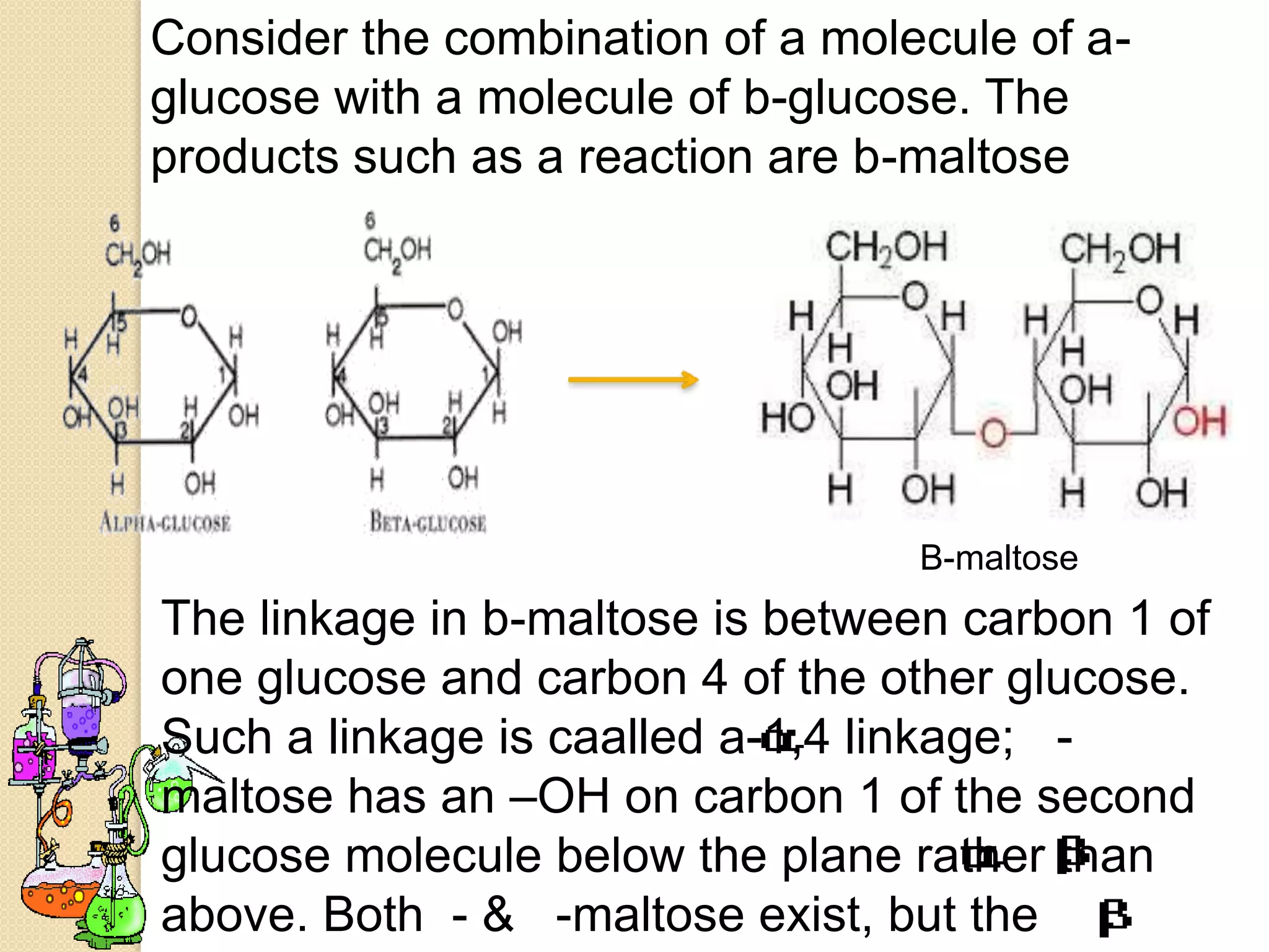 Consider the combination of a molecule of a-
glucose with a molecule of b-glucose. The
products such as a reaction are b-maltose




                                  B-maltose
The linkage in b-maltose is between carbon 1 of
one glucose and carbon 4 of the other glucose.
Such a linkage is caalled a-1,4 linkage; -
maltose has an –OH on carbon 1 of the second
glucose molecule below the plane rather than
above. Both - & -maltose exist, but the
 