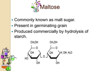 Maltose

 Commonly known as malt sugar.
 Present in germinating grain
 Produced commercially by hydrolysis of
  starch.
 