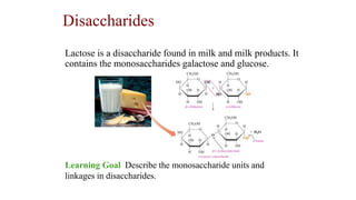 Disaccharides
Lactose is a disaccharide found in milk and milk products. It
contains the monosaccharides galactose and glucose.
Learning Goal Describe the monosaccharide units and
linkages in disaccharides.
 
