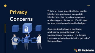Privacy
Concerns
This is an issue specifically for public
blockchain platforms. In a public
blockchain, the data is anonymous
and encrypted; however, it’s still open
for everyone to see from the ledger.
One can track down a particular
address by going through the
transaction processes on the ledger.
However, private blockchains get rid of
this problem.
 