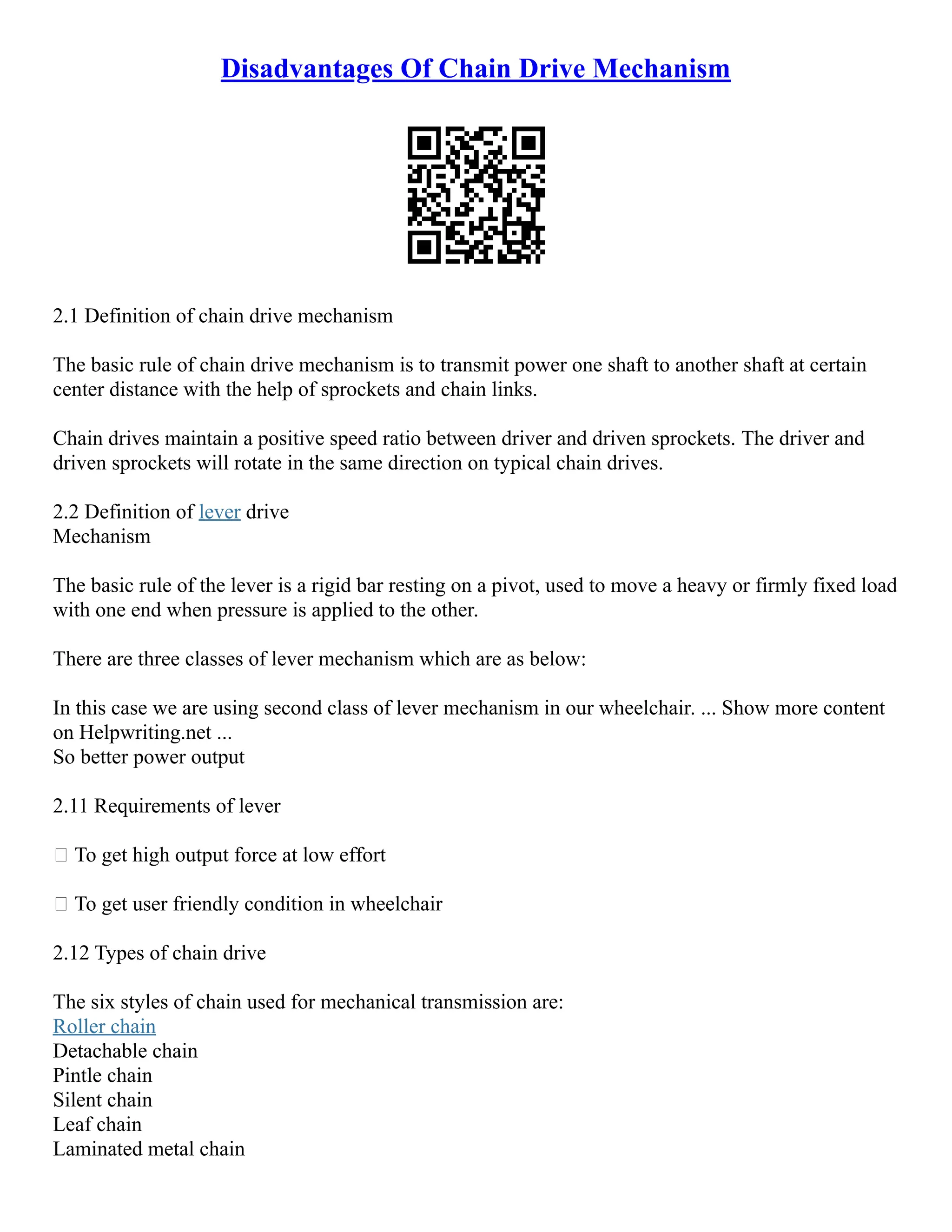 Disadvantages Of Chain Drive Mechanism PDF