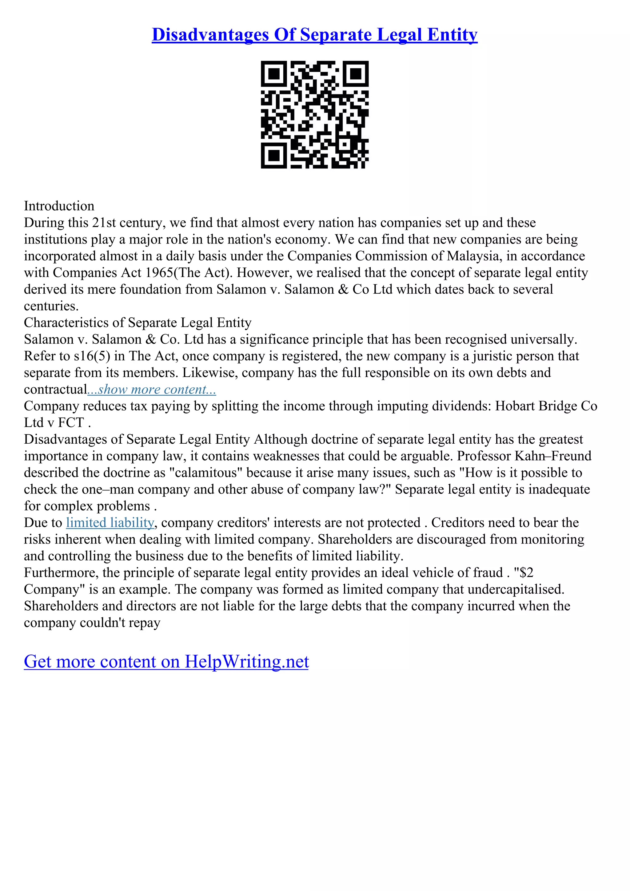 Disadvantages Of Separate Legal Entity PDF