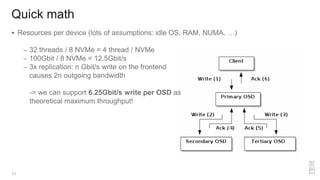 Quick math
11
 Resources per device (lots of assumptions: idle OS, RAM, NUMA, …)
– 32 threads / 8 NVMe = 4 thread / NVMe
– 100Gbit / 8 NVMe = 12.5Gbit/s
– 3x replication: n Gbit/s write on the frontend
causes 2n outgoing bandwidth
-> we can support 6.25Gbit/s write per OSD as
theoretical maximum throughput!
 