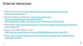 External references:
39
 RHCS lab environment: https://ceph.io/community/bluestore-default-vs-tuned-
performance-comparison/
 Micron’s reference architecture: https://www.micron.com/-
/media/client/global/documents/products/other-
documents/micron_9300_and_red_hat_ceph_reference_architecture.pdf
 Marvell ASIC: https://www.servethehome.com/marvell-25gbe-nvmeof-adapter-prefaces-a-
super-cool-future/
 Netdev 0x13 SPDK RDMA vs TCP:
https://www.youtube.com/watch?v=HLXxE5WWRf8&feature=youtu.be&t=643
 Zcopy: https://zcopy.wordpress.com/2010/10/08/quick-concepts-part-1-%E2%80%93-
introduction-to-rdma/
 