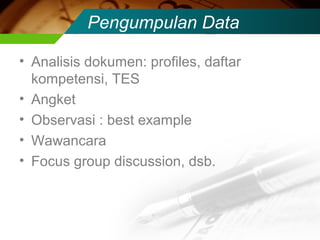 Pengumpulan Data
• Analisis dokumen: profiles, daftar
kompetensi, TES
• Angket
• Observasi : best example
• Wawancara
• Focus group discussion, dsb.

 