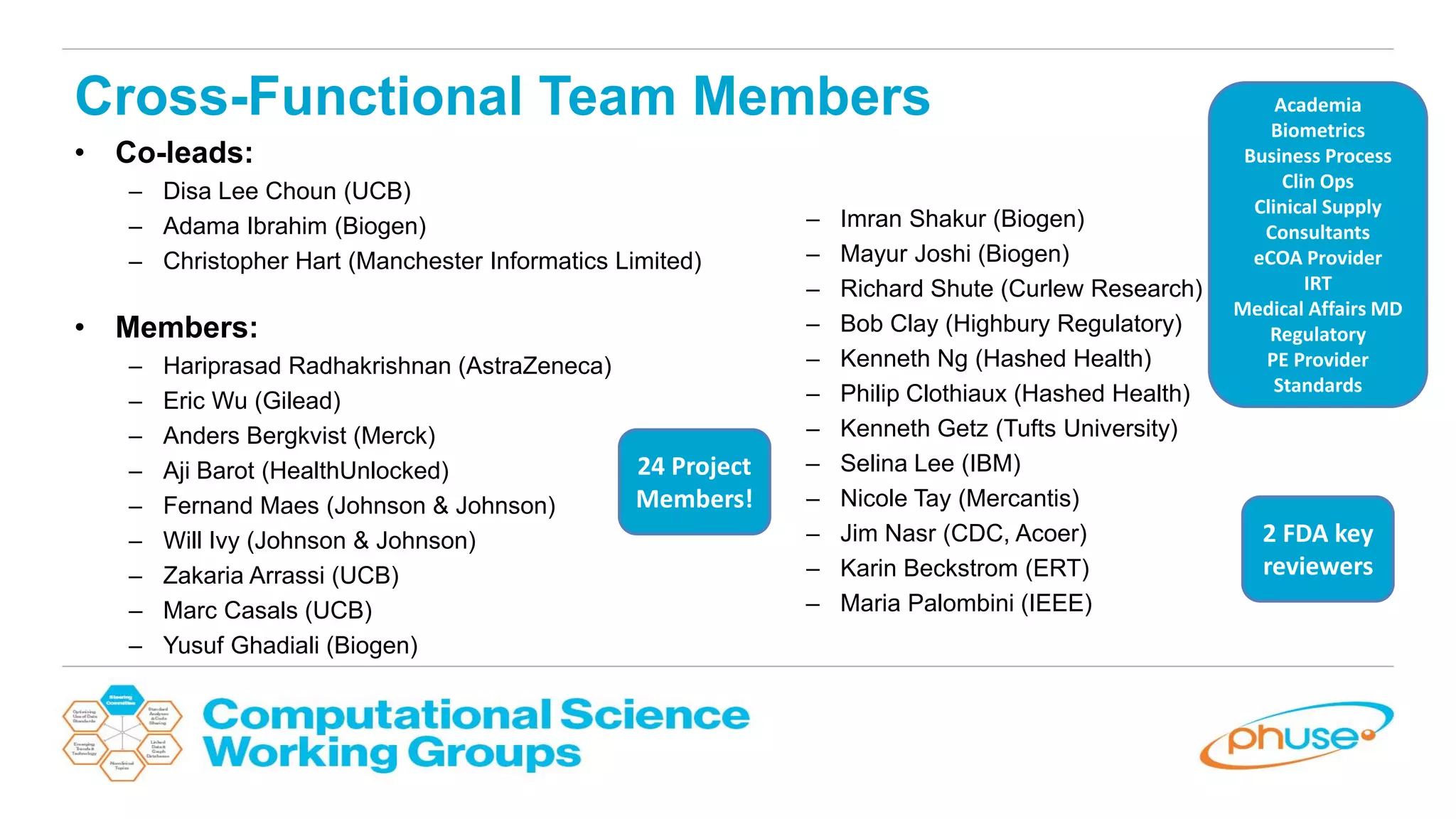 Cross-Functional Team Members
• Co-leads:
– Disa Lee Choun (UCB)
– Adama Ibrahim (Biogen)
– Christopher Hart (Manchester Informatics Limited)
• Members:
– Hariprasad Radhakrishnan (AstraZeneca)
– Eric Wu (Gilead)
– Anders Bergkvist (Merck)
– Aji Barot (HealthUnlocked)
– Fernand Maes (Johnson & Johnson)
– Will Ivy (Johnson & Johnson)
– Zakaria Arrassi (UCB)
– Marc Casals (UCB)
– Yusuf Ghadiali (Biogen)
– Imran Shakur (Biogen)
– Mayur Joshi (Biogen)
– Richard Shute (Curlew Research)
– Bob Clay (Highbury Regulatory)
– Kenneth Ng (Hashed Health)
– Philip Clothiaux (Hashed Health)
– Kenneth Getz (Tufts University)
– Selina Lee (IBM)
– Nicole Tay (Mercantis)
– Jim Nasr (CDC, Acoer)
– Karin Beckstrom (ERT)
– Maria Palombini (IEEE)
24 Project
Members!
Academia
Biometrics
Business Process
Clin Ops
Clinical Supply
Consultants
eCOA Provider
IRT
Medical Affairs MD
Regulatory
PE Provider
Standards
2 FDA key
reviewers
 