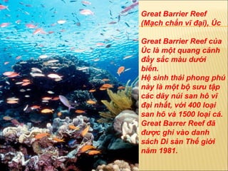 Great Barrier Reef (Mạch chắn vĩ  đạ i), Úc Great Barrier Reef của Úc là một quang cảnh  đầ y sắc màu d ướ i biển.  Hệ sinh thái phong phú này là một bộ s ư u tập các dãy núi san hô vĩ  đạ i nhất, với 400 loại san hô và 1500 loại cá.  Great Barrer Reef  đã   đượ c ghi vào danh sách Di sản Thế giới n ă m 1981. 