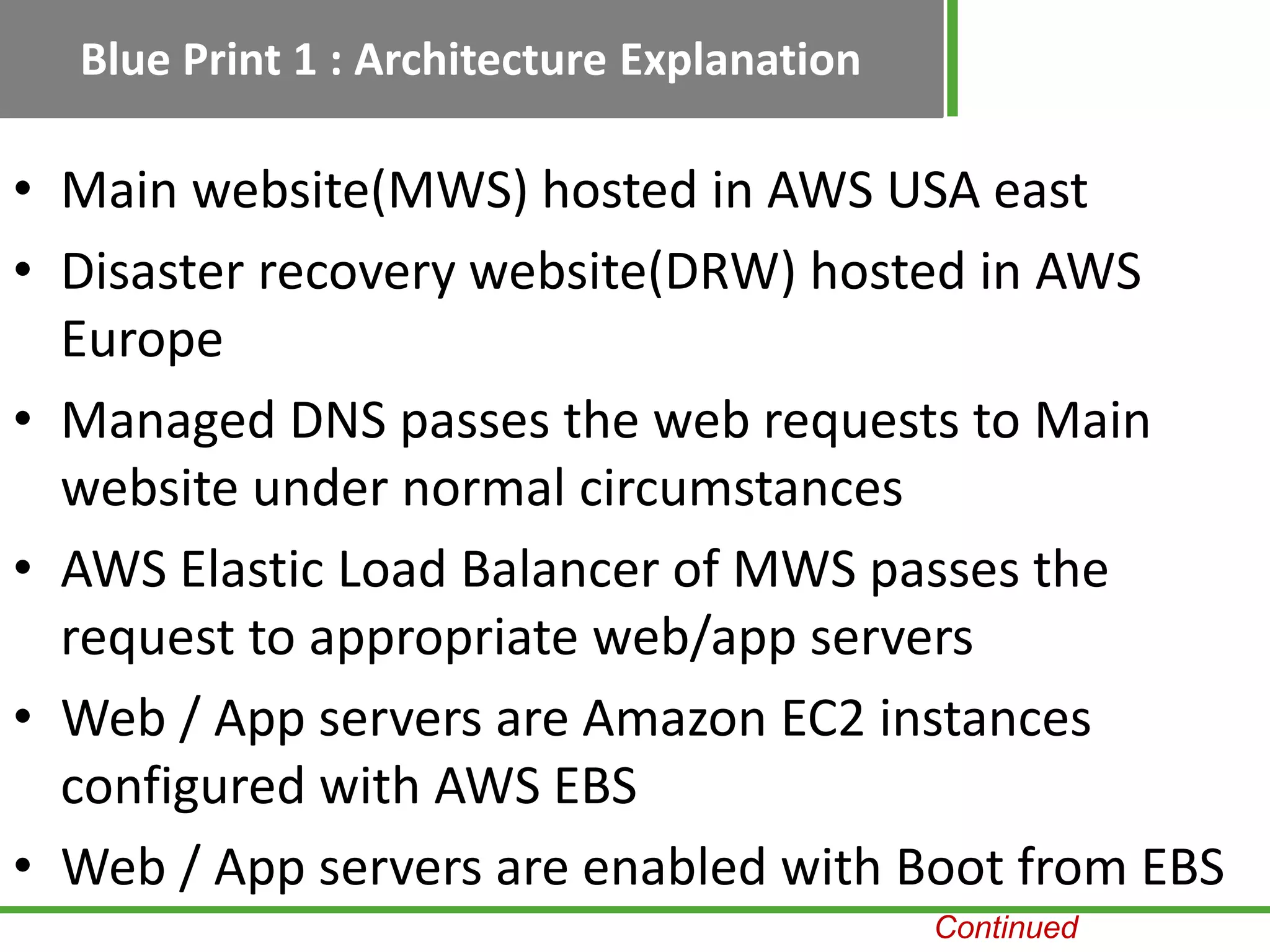 Blue Print 1 : Architecture Explanation

• Main website(MWS) hosted in AWS USA east
• Disaster recovery website(DRW) hosted in AWS
  Europe
• Managed DNS passes the web requests to Main
  website under normal circumstances
• AWS Elastic Load Balancer of MWS passes the
  request to appropriate web/app servers
• Web / App servers are Amazon EC2 instances
  configured with AWS EBS
• Web / App servers are enabled with Boot from EBS
                                            Continued
 