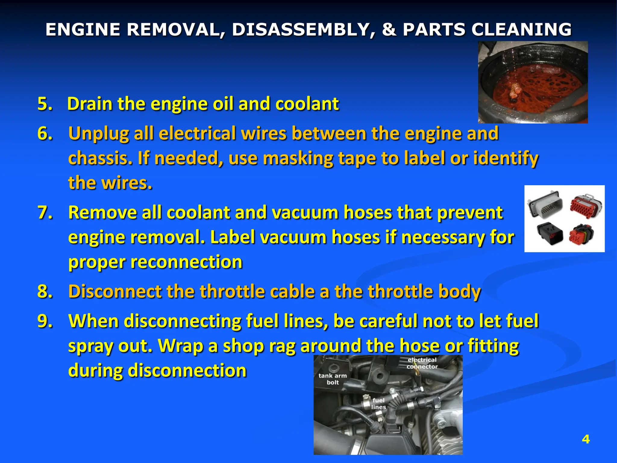 4
5. Drain the engine oil and coolant
6. Unplug all electrical wires between the engine and
chassis. If needed, use masking tape to label or identify
the wires.
7. Remove all coolant and vacuum hoses that prevent
engine removal. Label vacuum hoses if necessary for
proper reconnection
8. Disconnect the throttle cable a the throttle body
9. When disconnecting fuel lines, be careful not to let fuel
spray out. Wrap a shop rag around the hose or fitting
during disconnection
ENGINE REMOVAL, DISASSEMBLY, & PARTS CLEANING
 