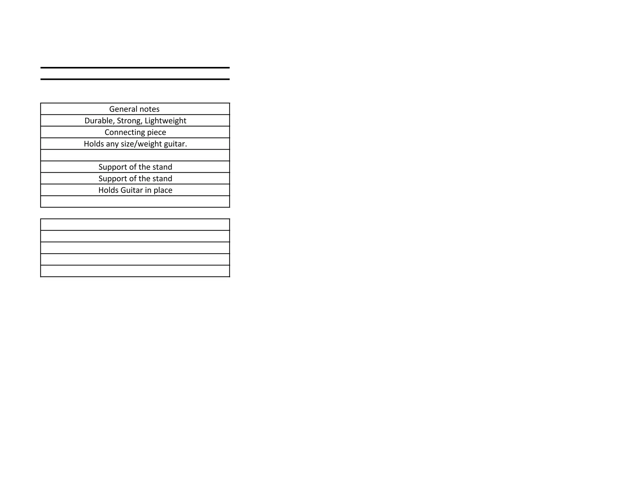 General notes
Durable, Strong, Lightweight
     Connecting piece
Holds any size/weight guitar.

    Support of the stand
    Support of the stand
    Holds Guitar in place
 
