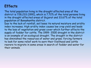 Effects
The total population living in the drought affected area of the
district is 728,233 (1991), which is 7.72% of the total persons living
in the drought affected areas of Gujarat and 33.67% of the total
population of Banaskantha district.
Due to the lack of rainfall, soil loses its natural moisture and aridity
index increases. High aridity index causes low crop yield and leads
to the loss of vegetation and grass cover which further affects the
supply of fodder for cattle. The 1999- 2000 drought in the district
is an example of an ecological drought. The drought in the district
has diminished the resources of water and grass; forcing farmers
to look for some relief work to earn their livelihood and cattle
rearers to migrate in some areas in search of fodder and water for
their animals.
 