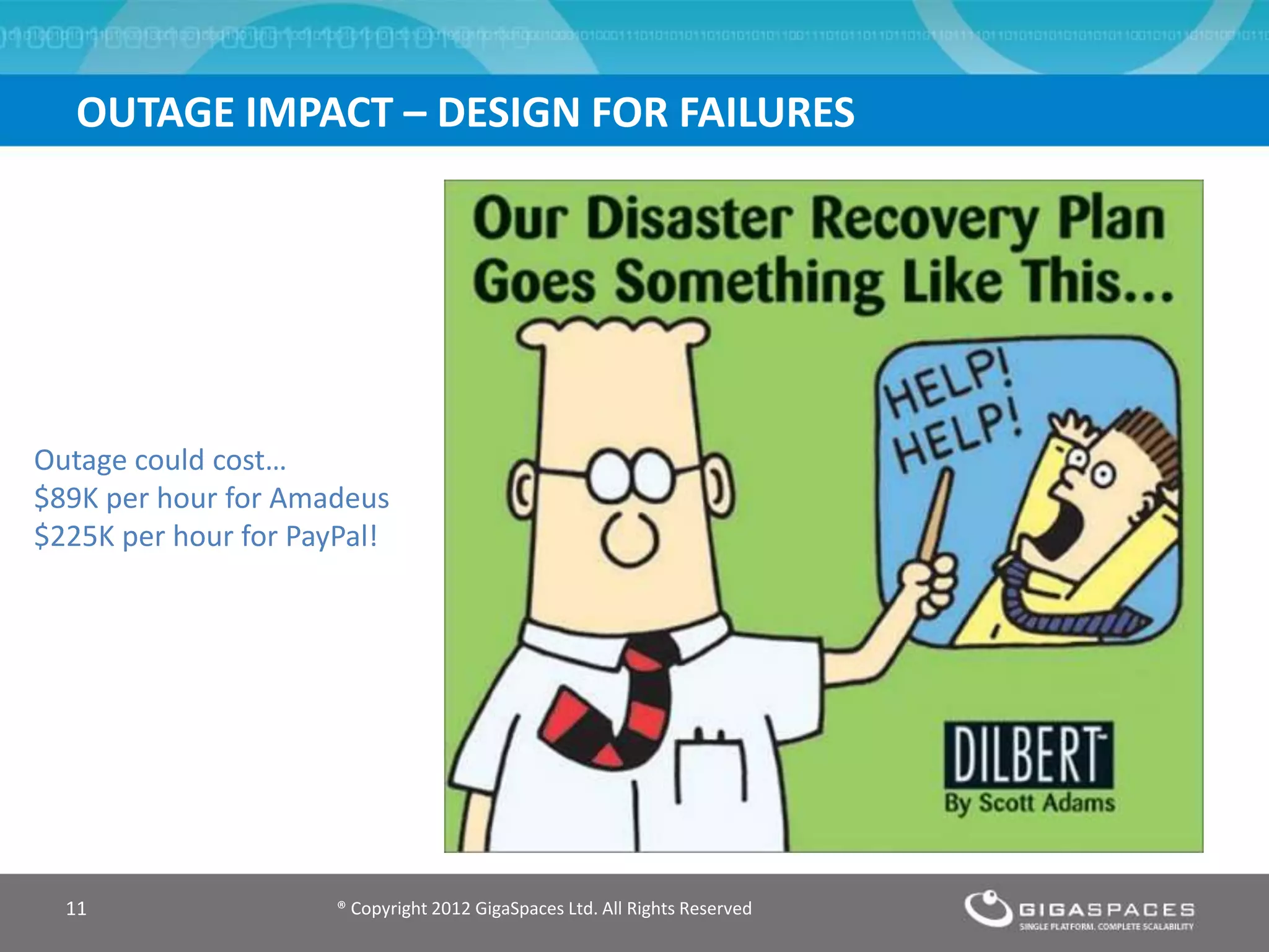 ® Copyright 2012 GigaSpaces Ltd. All Rights Reserved11
OUTAGE IMPACT – DESIGN FOR FAILURES
Outage could cost…
$89K per hour for Amadeus
$225K per hour for PayPal!
 