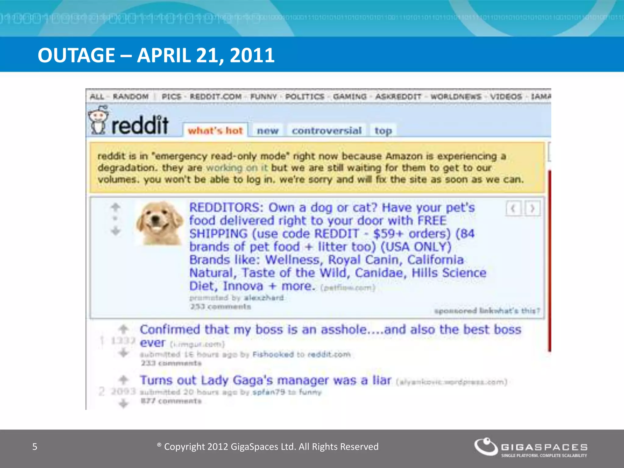 OUTAGE – APRIL 21, 2011
® Copyright 2012 GigaSpaces Ltd. All Rights Reserved5
 
