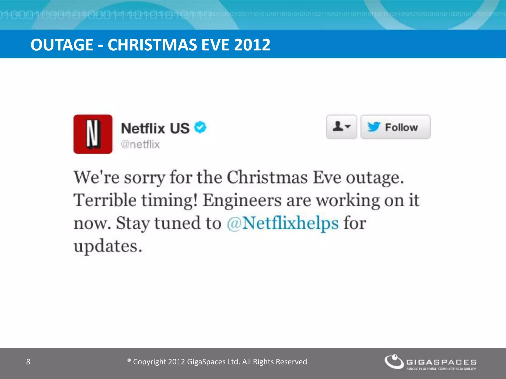 OUTAGE - CHRISTMAS EVE 2012
® Copyright 2012 GigaSpaces Ltd. All Rights Reserved8
 