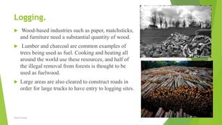 Logging.
 Wood-based industries such as paper, matchsticks,
and furniture need a substantial quantity of wood.
 Lumber and charcoal are common examples of
trees being used as fuel. Cooking and heating all
around the world use these resources, and half of
the illegal removal from forests is thought to be
used as fuelwood.
 Large areas are also cleared to construct roads in
order for large trucks to have entry to logging sites.
Glory K Sunny
10
 