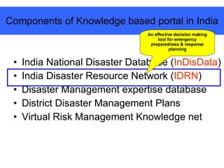 Components of Knowledge based portal in India India National Disaster Database ( InDisData )  India Disaster Resource Network ( IDRN ) Disaster Management expertise database District Disaster Management Plans Virtual Risk Management Knowledge net An effective decision making tool for emergency preparedness & response planning 
