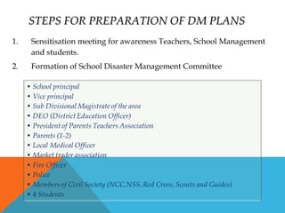 STEPS FOR PREPARATION OF DM PLANSSTEPS FOR PREPARATION OF DM PLANS
1. Sensitisation meeting for awareness Teachers, School Management
and students.
2. Formation of School Disaster Management Committee
 