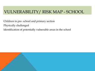 VULNERABILITY/ RISK MAP - SCHOOLVULNERABILITY/ RISK MAP - SCHOOL
Children in pre- school and primary section
Physically challenged
Identification of potentially vulnerable areas in the school
 