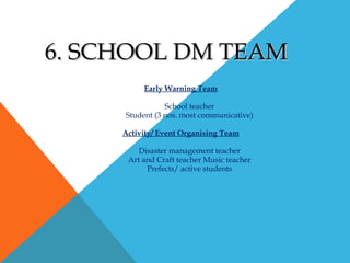 6. SCHOOL DM TEAM6. SCHOOL DM TEAM
Early Warning Team
School teacher
Student (3 nos. most communicative)
Activity/ Event Organising Team
Disaster management teacher
Art and Craft teacher Music teacher
Prefects/ active students
 