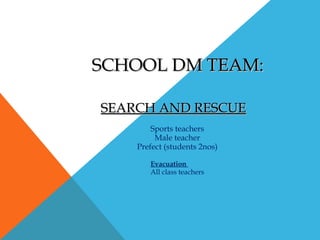 SCHOOL DM TEAM:SCHOOL DM TEAM:
SEARCH AND RESCUESEARCH AND RESCUE
Sports teachers
Male teacher
Prefect (students 2nos)
Evacuation
All class teachers
 