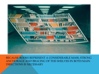 BECAUSE BOOKS REPRESENT A CONSIDERABLE MASS, STRONG
ANCHORAGE AND BRACING OF THE SHELVES IN BOTH MAIN
DIRECTIONS IS NECESSARY
 