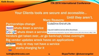 ITA 2016 International Conference
keith@keithbrooks.com Skype/Twitter: @lotusevangelist
Keith Brooks
Your Clients tools ar...