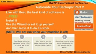 ITA 2016 International Conference
keith@keithbrooks.com Skype/Twitter: @lotusevangelist
Keith Brooks
Automate Your Backups...