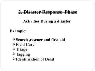 2. Disaster Response Phase
Activities During a disaster
Example:
Search ,rescuer and first aid
Field Care
Triage
Tagging
Identification of Dead
 