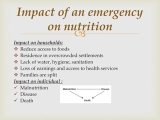 
Impact on households:
 Reduce access to foods
 Residence in overcrowded settlements
 Lack of water, hygiene, sanitation
 Loss of earnings and access to health services
 Families are split
Impact on individual :
 Malnutrition
 Disease
 Death
Impact of an emergency
on nutrition
 