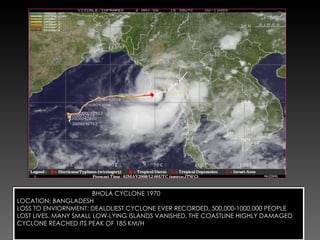 BHOLA CYCLONE 1970 LOCATION: BANGLADESH LOSS TO ENVIORNMENT: DEALDLIEST CYCLONE EVER RECORDED, 500,000-1000,000 PEOPLE LOST LIVES. MANY SMALL LOW-LYING ISLANDS VANISHED, THE COASTLINE HIGHLY DAMAGED CYCLONE REACHED ITS PEAK OF 185 KM/H 