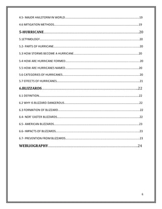 6
4.5- MAJOR HAILSTORM IN WORLD…………………………………………………………………………………………19
4.6 MITIGATION METHODS……………………………………………………………………………………..………………19
5-HURRICANE………………………………………………………………………………………….20
5.1ETYMOLOGY………………………………………………………………………………………………………………..........20
5.2- PARTS OF HURRICANE……………………………………………………………………………………………….………20
5.3 HOW STORMS BECOME A HURRICANE.…………………………………………………………………………….20
5.4 HOW ARE HURRICANE FORMED…………………………………………………………………………….…………..20
5.5 HOW ARE HURRICANES NAMED………………………………………………………………………………..………20
5.6 CATEGORIES OF HURRICANES…………………………………………………………………………………………….20
5.7 EFFECTS OF HURRICANES……………………………………………………………………………………………………21
6.BLIZZARDS…………………………………………………………………………………………..22
6.1 DEFINITION……………………………………………………………………………………………………….……………….22
6.2 WHY IS BLIZZARD DANGEROUS………………………………………………………………………………………….22
6.3 FORMATION OF BLIZZARD……………………………………………………………………..…………….…………….22
6.4- NOR' EASTER BLIZZARDS………………………………………………………………………………………..…………22
6.5- AMERICAN BLIZZARDS………………………………………………………………………………………………………23
6.6- IMPACTS OF BLIZZARDS……………………………………………………………………………………………….……23
6.7- PREVENTION FROM BLIZZARDS…………………………………………………………………………………………23
WEBLIOGRAPHY…………………………………………………………………………………….24
 