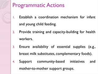Programmatic Actions
1. Establish a coordination mechanism for infant
and young child feeding.
2. Provide training and capacity-building for health
workers.
3. Ensure availability of essential supplies (e.g.,
breast milk substitutes, complementary foods).
4. Support community-based initiatives and
mother-to-mother support groups.
 