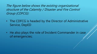 The figure below shows the existing organizational
structure of the Calamity / Disaster and Fire Control
Group (CDFCG):
• The CDFCG is headed by the Director of Administrative
Service, DepED
• He also plays the role of Incident Commander in case
of emergencies;
 