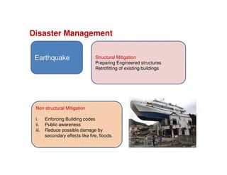 Disaster Management
Earthquake Structural Mitigation
Preparing Engineered structures
Retrofitting of existing buildings
Non structural Mitigation
i. Enforcing Building codes
ii. Public awareness
iii. Reduce possible damage by
secondary effects like fire, floods.
 