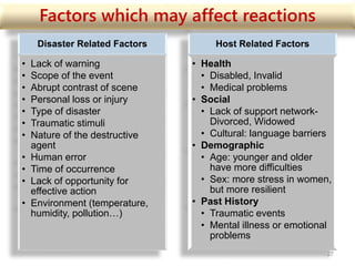 Factors which may affect reactions
Disaster Related Factors
• Lack of warning
• Scope of the event
• Abrupt contrast of scene
• Personal loss or injury
• Type of disaster
• Traumatic stimuli
• Nature of the destructive
agent
• Human error
• Time of occurrence
• Lack of opportunity for
effective action
• Environment (temperature,
humidity, pollution…)
Host Related Factors
• Health
• Disabled, Invalid
• Medical problems
• Social
• Lack of support network-
Divorced, Widowed
• Cultural: language barriers
• Demographic
• Age: younger and older
have more difficulties
• Sex: more stress in women,
but more resilient
• Past History
• Traumatic events
• Mental illness or emotional
problems
27
 