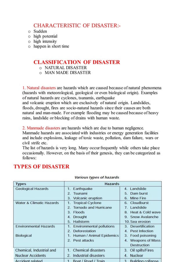 Disaster, types, classification, Disaster management