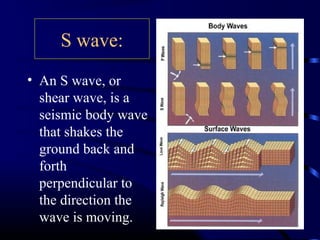 S wave:
• An S wave, or
shear wave, is a
seismic body wave
that shakes the
ground back and
forth
perpendicular to
the direction the
wave is moving.
 