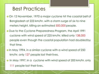 Best Practices
 On 12 November, 1970 a major cyclone hit the coastal belt of
Bangladesh at 223 km/hr. with a storm surge of six to nine
meters height, killing an estimated 500,000 people.
 Due to the Cyclone Preparedness Program, the April 1991
cyclone with wind speed of 225 km/hr. killed only 138,000
people even though the coastal population had doubledby
that time.
 In May 1994, in a similar cyclone with a wind speed of 250
km/hr. only 127 people lost their lives.
 In May 1997, in a cyclone with wind speed of 200 km/hr. only
111 people lost their lives.
 