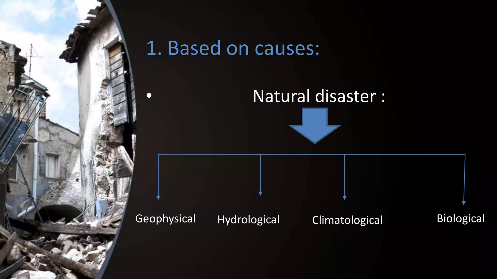 1. Based on causes:
• Natural disaster :
Geophysical Hydrological Climatological Biological
 