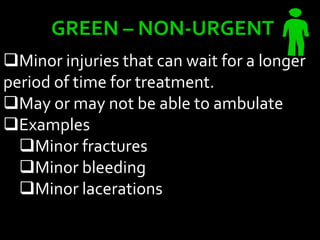 GREEN – NON-URGENT
Minor injuries that can wait for a longer
period of time for treatment.
May or may not be able to ambulate
Examples
Minor fractures
Minor bleeding
Minor lacerations
 