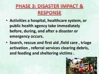 • Activities a hospital, healthcare system, or
public health agency take immediately
before, during, and after a disaster or
emergency occurs.
• Search, rescue and first aid ,field care , triage
activation , referral services clearing debris,
and feeding and sheltering victims .
 