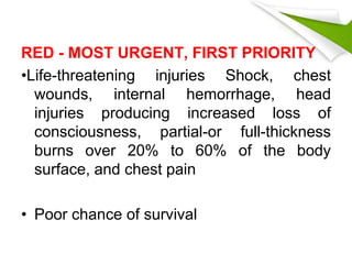 RED - MOST URGENT, FIRST PRIORITY
•Life-threatening injuries Shock, chest
wounds, internal hemorrhage, head
injuries producing increased loss of
consciousness, partial-or full-thickness
burns over 20% to 60% of the body
surface, and chest pain
• Poor chance of survival
 