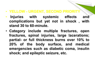 • YELLOW - URGENT, SECOND PRIORITY
• Injuries with systemic effects and
complications but yet not in shock , with
stand 30 to 60-minute.
• Category include multiple fractures, open
fractures, spinal injuries, large lacerations;
partial- or full thickness burns over 10% to
20% of the body surface, and medical
emergencies such as diabetic coma, insulin
shock; and epileptic seizure, etc.
 