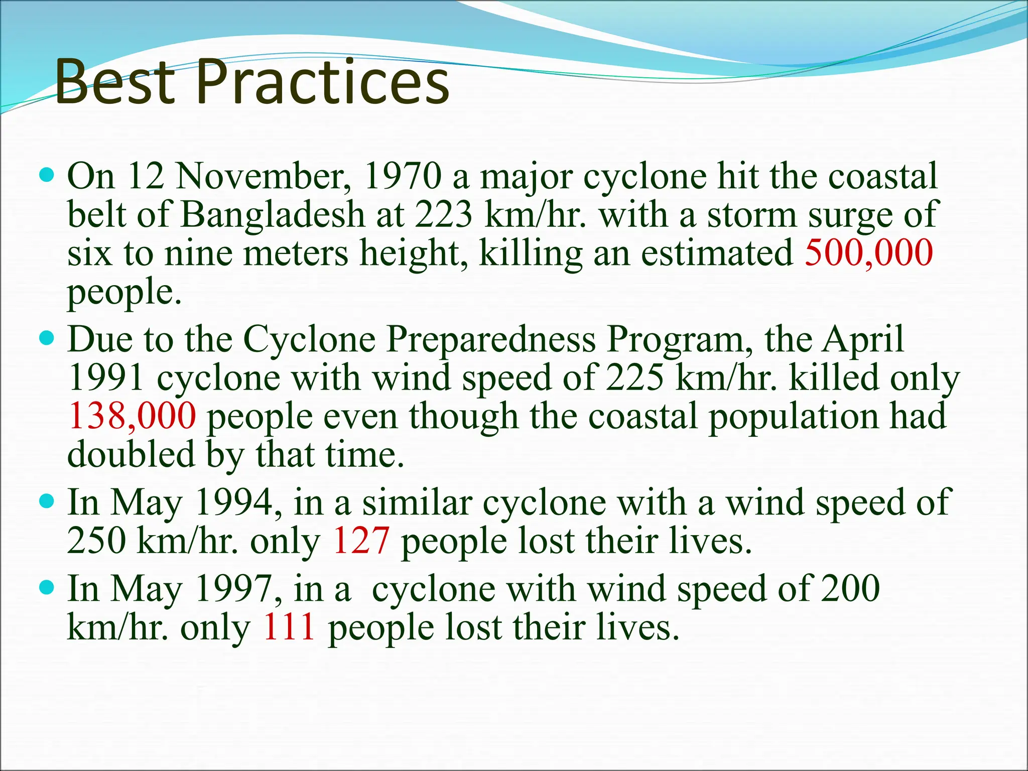 Best Practices
 On 12 November, 1970 a major cyclone hit the coastal
belt of Bangladesh at 223 km/hr. with a storm surge of
six to nine meters height, killing an estimated 500,000
people.
 Due to the Cyclone Preparedness Program, the April
1991 cyclone with wind speed of 225 km/hr. killed only
138,000 people even though the coastal population had
doubled by that time.
 In May 1994, in a similar cyclone with a wind speed of
250 km/hr. only 127 people lost their lives.
 In May 1997, in a cyclone with wind speed of 200
km/hr. only 111 people lost their lives.
 