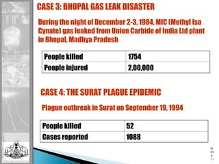 SL
ID
E
17
CASE 3: BHOPAL GAS LEAK DISASTER
During the night of December 2-3, 1984, MIC (Methyl Iso
Cynate) gas leaked from Union Carbide of India Ltd plant
in Bhopal, Madhya Pradesh
People killed 1754
People injured 2,00,000
CASE 4: THE SURAT PLAGUE EPIDEMIC
Plague outbreak in Surat on September 19, 1994
People killed 52
Cases reported 1088
 