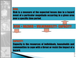 SL
ID
E
60
RISK:
Risk is a measure of the expected losses due to a hazard
event of a particular magnitude occurring in a given area
over a specific time period.
RISK = HAZARD + VULNERABILITY- CAPACITY
CAPACITY:
Capacity is the resources of individuals, households and
communities to cope with a threat or resist the impact of a
hazard.
 