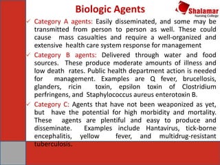 Biologic Agents
 Category A agents: Easily disseminated, and some may be
transmitted from person to person as well. These could
cause mass casualties and require a well-organized and
extensive health care system response for management
 Category B agents: Delivered through water and food
sources. These produce moderate amounts of illness and
low death rates. Public health department action is needed
for management. Examples are Q fever, brucellosis,
glanders, ricin toxin, epsilon toxin of Clostridium
perfringens, and Staphylococcus aureus enterotoxin B.
 Category C: Agents that have not been weaponized as yet,
but have the potential for high morbidity and mortality.
These agents are plentiful and easy to produce and
disseminate. Examples include Hantavirus, tick-borne
encephalitis, yellow fever, and multidrug-resistant
tuberculosis.
 
