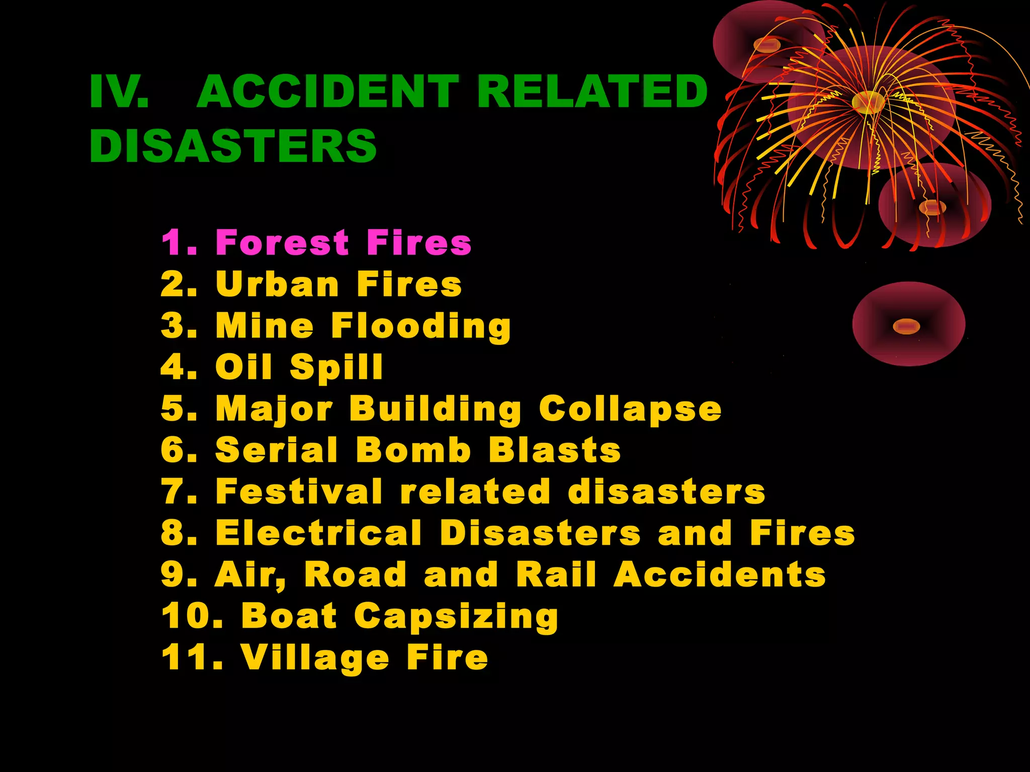 IV. ACCIDENT RELATED
DISASTERS

  1. For est Fir es
  2. Urban Fir es
  3. Mine Flooding
  4. Oil Spill
  5. Major Building Collapse
  6. Serial Bomb Blasts
  7. Festival r elated disaster s
  8. Electrical Disaster s and Fir es
  9. Air, Road and Rail Accidents
  10. Boat Capsizing
  11. V illa ge Fir e
 